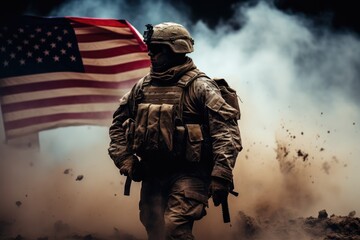 A soldier with a machine gun against a background of smoke and the American flag. US Veterans Day