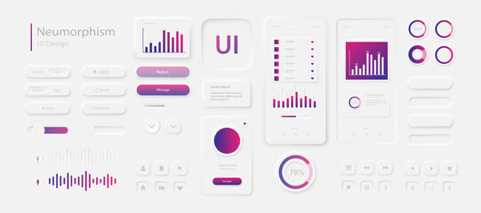 Fototapete - The user interface elements for the mobile app are white and purple. A set for developing a modern website or mobile application in the Neumorphism style. Vector EPS 10.