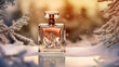 close up of perfume bottle with embrossing on christmas background, holiday advertising