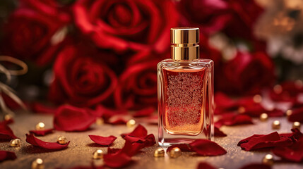 close up of perfume bottle on blurred background with red roses and petals, holiday and valentines advertising concept