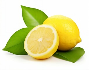 two fresh lemons with vibrant green leaves on a clean white background