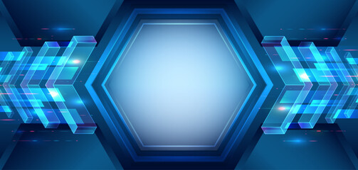 Leinwandbilder - Blue background consisting of horizontal stripes of arrows, hexagon particles, and light blue lines. Vector technology design for banner or presentation. Data transfer, Internet communications.