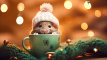 A Cheerful Cute Mouse In A Knitted Hat Sitting In Cup Against The Background Of A Winter Forest With Fir Trees, Snow And Colorful Lights. Postcard For The New Year Holidays.
