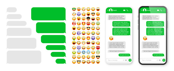 Wall Mural - Smartphone messaging app, user interface design with emoji. SMS text frame. Chat screen with green message bubbles. Texting app for communication. Social media application. Vector illustration