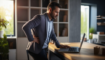 Businessman having back pain after working in home office