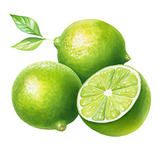 Wall Mural - cut Lime and green lemon fruits png isolated on a transparent background, watercolor clipart illustration
 