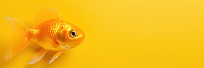 Goldfish on yellow background, wide horizontal panoramic banner with copy space, or web site header with empty area for text.
