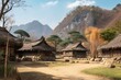 Korean village, thatched roofs, mountain backdrop. Generative AI