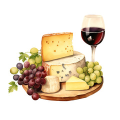 Wall Mural - Cheese and grapes platter and red wine png isolated on a transparent background, watercolor clipart illustration
