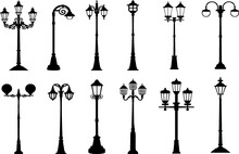 Set Of Street Lamps. Vintage Street Light Post. Editable Vector Illustration Isolated On White Background. Manufacturing, Marketing, Packing And Printing Idea. Eps 10.