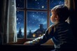 A young boy in his cozy winter pajamas, standing by the window, gazing at the starry night sky with anticipation, waiting for Santa Claus on Christmas Eve