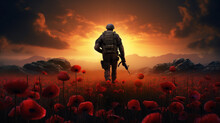 Illustration Of A Soldier In The Poppy Field During Golden Sunset