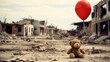 A plush toy bear with a red balloon, depressed and lonely against the backdrop of a city destroyed