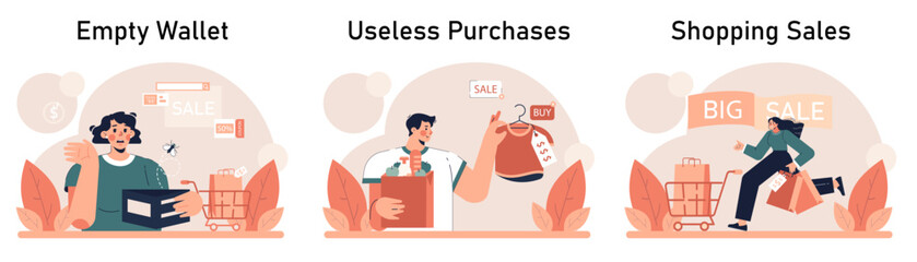 Canvas Print - Impulsive buying set. Shopaholic money problems. Consumer doing useless purchases without thoughtful consideration or planning. Spontaneous buying. Flat vector illustration