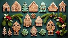 Christmas Gingerbread Cookies, Holly Leaves, Snowflakes Are Laid Out In A Festive Flat Composition On A Green Background