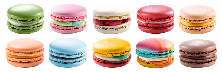 Wall Mural - Macaroon Macaron, front view on transparent background cutout, PNG file. Many assorted different colours. Mockup template for artwork