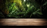 Wood floor with tropical background wallpaper, in the style of stage-like environments, generative AI