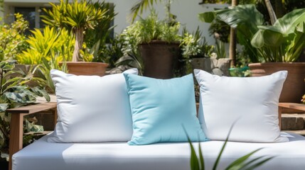 Sticker - closeup outdoor wooden resort sofa with white and light blue pillow decorate home and garden furniture ideas concept background