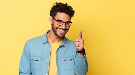 Portrait of smiling businessman pointing thumb at copy space for marketing over yellow background