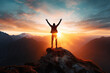 human jumping on top of a mountain at sunrise with arms raised and a sunrise in the background