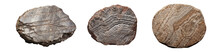  Set Of Round Natural Black Rock Fossil Specimens Isolated On A Transparent Background. PNG, Cutout, Or Clipping Path.