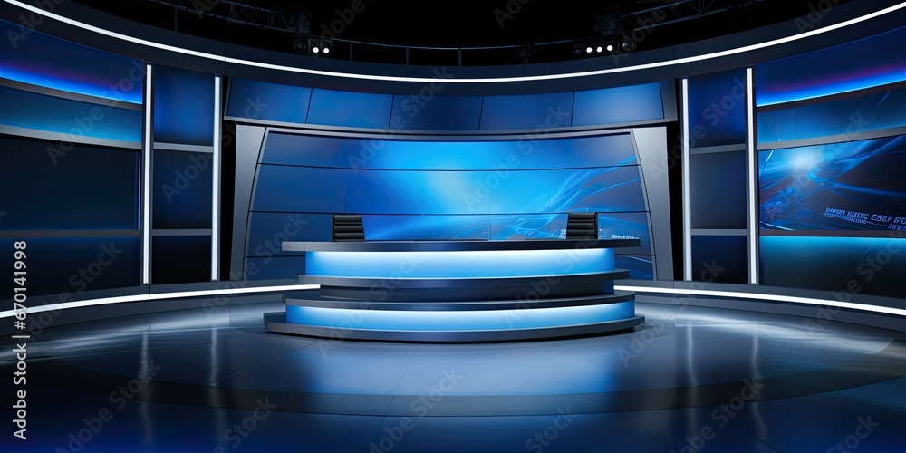 News studio, television newscaster background. Broadcast room interior ...