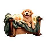 Fototapeta  - Um Filhote de cachorro deitado numa cama de madeira com uma manta verde aconchegante. Iluminação quente. Isolado sem fundo, com fundo transparente PNG.
