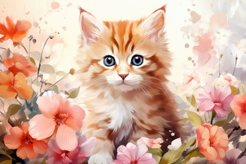 Cute kitten in flowers, watercolor drawing style