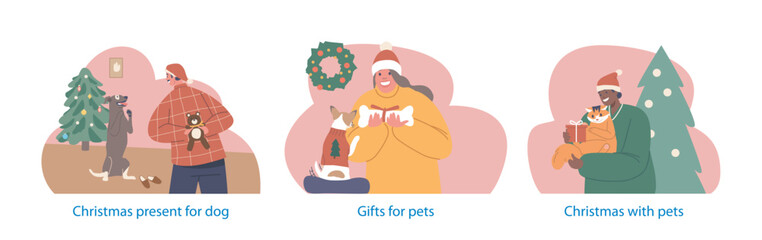 Sticker - Isolated Elements with Characters Joyfully Bestow Christmas Gifts Upon Their Beloved Pets, Celebrating Holiday Spirit