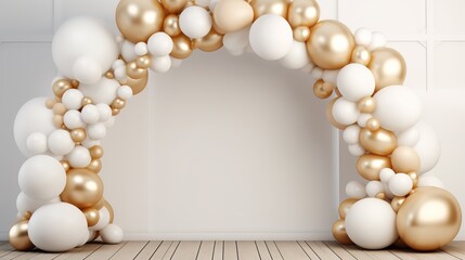 Wall Mural - Generative AI, arch of white and golden balloons. Mock up for wedding, Christmas or other holiday 3d background	