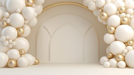 Wall Mural - Generative AI, arch of white and golden balloons. Mock up for wedding, Christmas or other holiday 3d background	