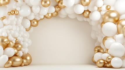 Wall Mural - Generative AI, arch of white and golden balloons. Mock up for wedding, Christmas or other holiday 3d background	