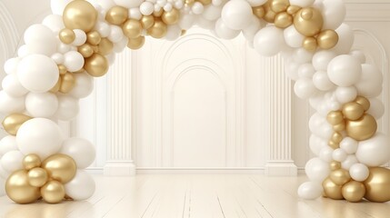 Wall Mural - Generative AI, arch of white and golden balloons. Mock up for wedding, Christmas or other holiday 3d background	
