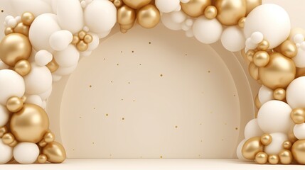 Wall Mural - Generative AI, arch of white and golden balloons. Mock up for wedding, Christmas or other holiday 3d background	