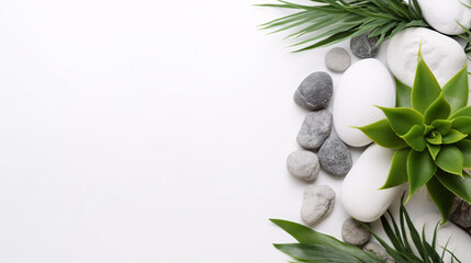 Wall Mural - White background with lush greenery and natural rocks, remaining empty for copy.