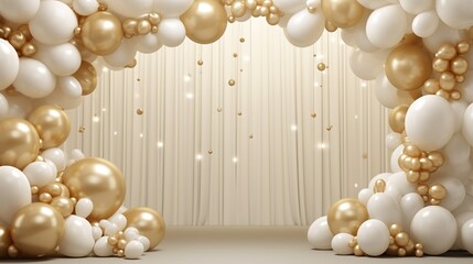 Wall Mural - Generative AI, arch of white and golden balloons. Mock up for wedding, Christmas or other holiday 3d background	