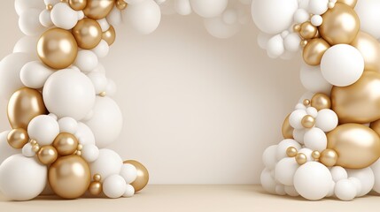 Wall Mural - Generative AI, arch of white and golden balloons. Mock up for wedding, Christmas or other holiday 3d background	