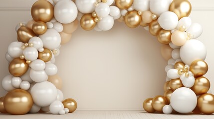 Wall Mural - Generative AI, arch of white and golden balloons. Mock up for wedding, Christmas or other holiday 3d background	