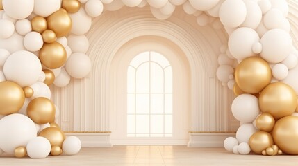 Wall Mural - Generative AI, arch of white and golden balloons. Mock up for wedding, Christmas or other holiday 3d background	