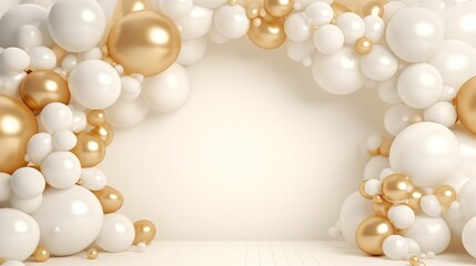 Wall Mural - Generative AI, arch of white and golden balloons. Mock up for wedding, Christmas or other holiday 3d background	