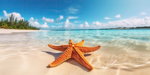 Wall Mural - AI Generated. AI Generative. Sea ocean sand beach island background with starfish decoration. Vacation relaxing tropical paradise vibe