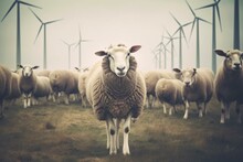 Sheep Gazing Towards Camera With A Large Wind Turbine Towering In The Background. Generative AI