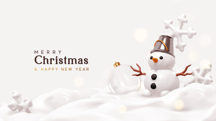 Poster - Christmas snowman with silver bucket on his head. Snowman in snow with white snowflakes. Realistic 3d cartoon style. Winter Christmas background. Vector illustration