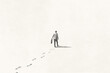 Illustration of man walking lost in the fog, surreal concept