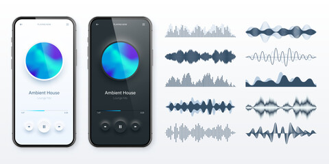Wall Mural - Online audio player user interface, smartphone app UI design. Music, media streaming and listening platform. Responsive mobile application. Neumorphism. Various sound waves. Vector illustration