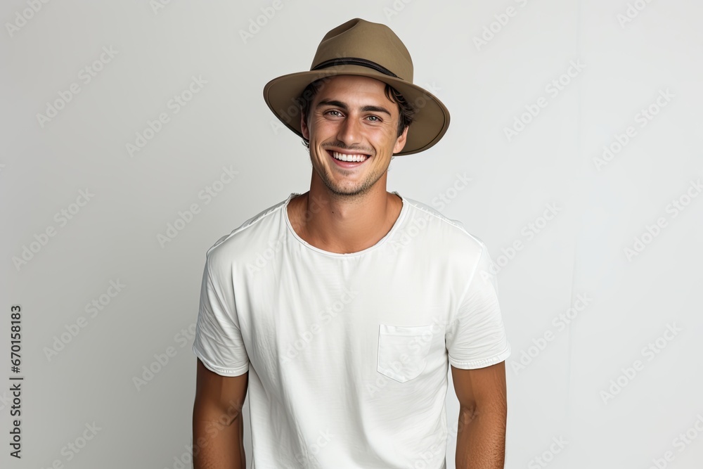 Young handsome European man wearing a stylish hat poses confidently ...