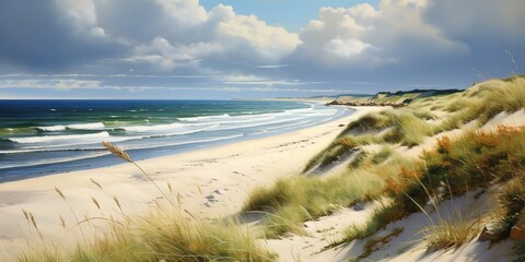 Wall Mural - AI Generated. AI Generative. Coast sea line with grass sand dunes background nature outdoor. Adventure relaxing decoration with wild bature vibe