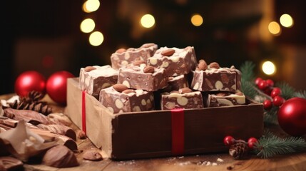 Wall Mural - Delectable Chocolaty Festive Treat: Homemade Dark Fudge Cake on Wooden Box in Vintage Christmas Setting