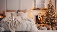 Bedchamber: Christmas Tree Decorated Interior With New Year Bed Decoration