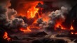 the primary subject at the forefront is a raging eruption of lava, its fiery explosion beautifully rendered in a stunning palette of oranges, reds, and blacks. 
